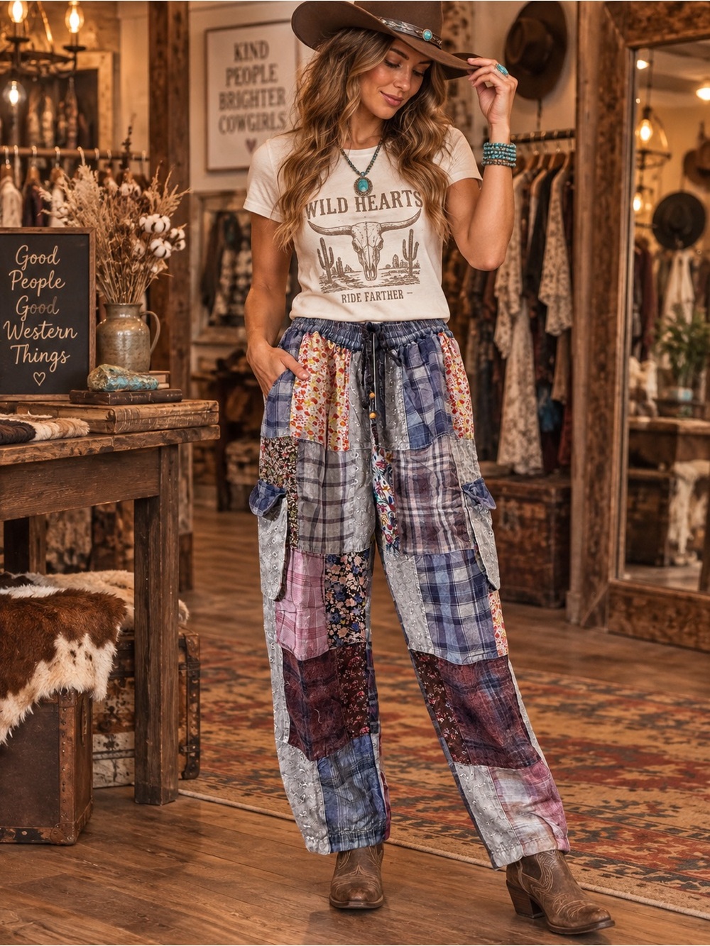 Young Threads Patchwork Cargo Pants Boho Western Wide Leg Size Medium